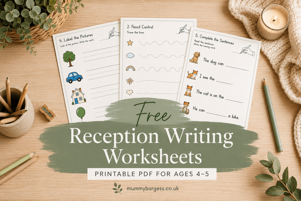 Free Reception writing worksheets printable PDF for children aged 4–5