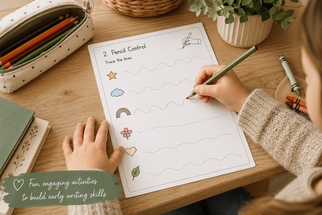 Child practising pencil control with a free Reception writing worksheet