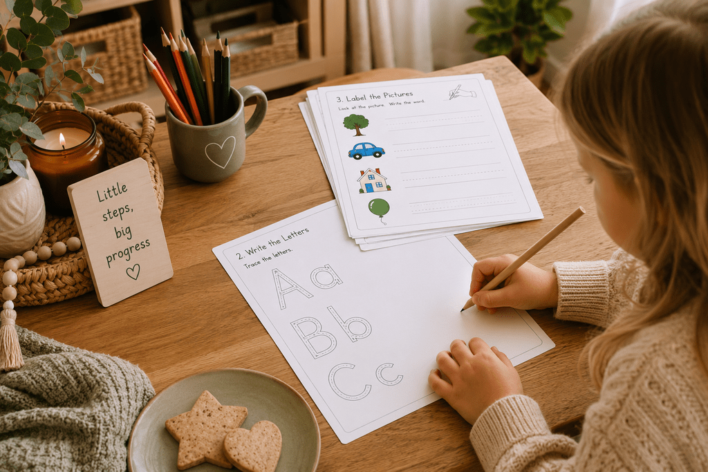 Child practising letter formation with free Reception writing worksheets at home
