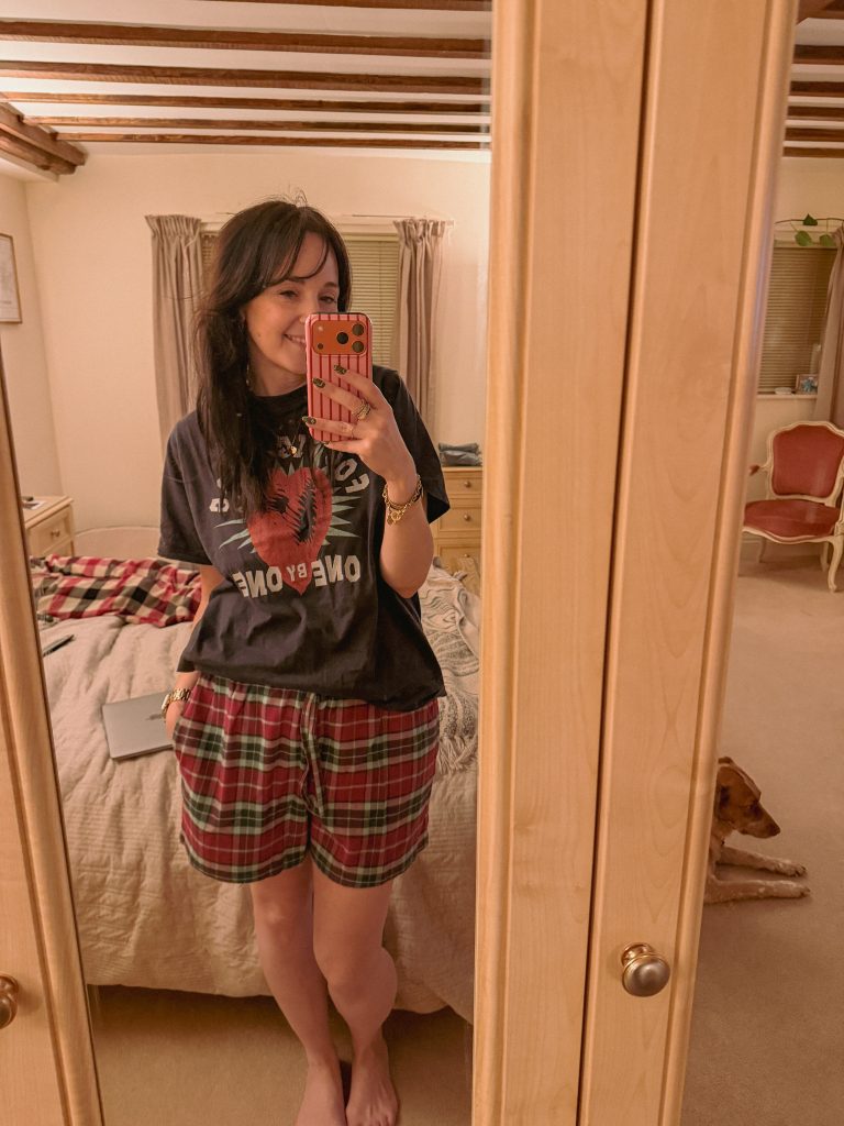 Woman wearing Gaia Tartan Pyjama shorts from British Boxers