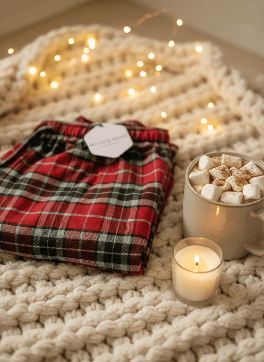 British Boxers Christmas tartan pajama trousers with hot chocolate and candles cozy evening flat lay