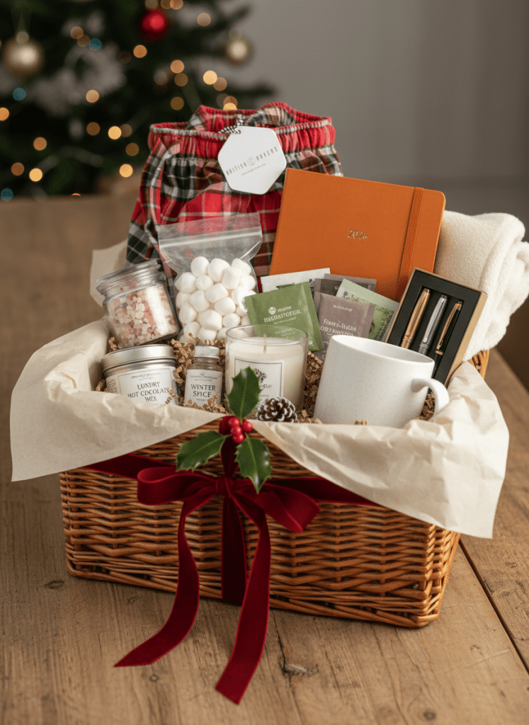 Christmas gift hamper with British Boxers tartan pajamas 2026 planner hot chocolate candle tea blanket self-care bundle for mums