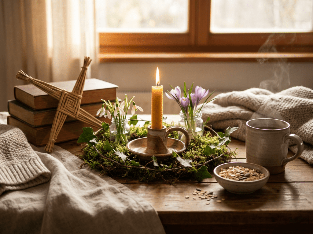 A warm, inviting scene with a lit candle on a wooden table, surrounded by fresh greenery and delicate snowdrops, capturing the gentle transition from winter to spring in a mindful, family-focused setting inspired by Imbolc traditions.