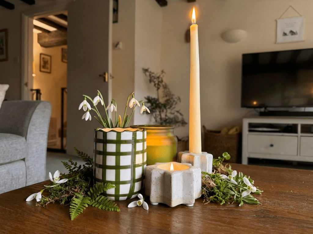 A cozy home scene featuring a wooden table with three candles—one tall and lit, one in a green glass jar, and one in a white ceramic holder—surrounded by delicate snowdrops and early spring greenery, with soft, warm candlelight creating a mindful and inviting Imbolc atmosphere.