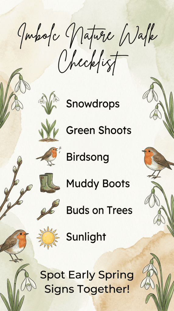 A Pinterest vertical image with a fresh, earthy design. The top reads "Imbolc Nature Walk Checklist" in a handwritten-style font, and the bottom says "Spot Early Spring Signs Together!" The background includes illustrations of snowdrops, green shoots, birds, and subtle spring elements, creating a modern, family-friendly look.
