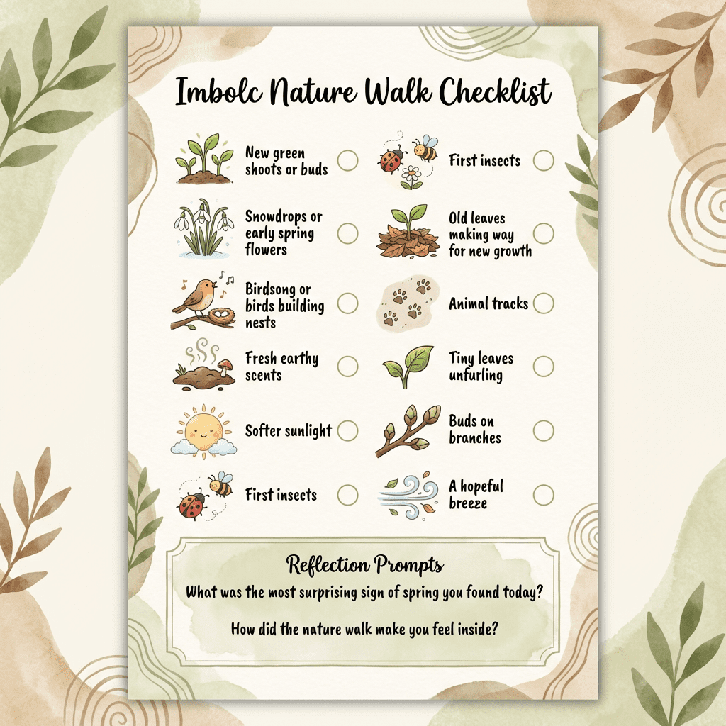 Imbolc Nature Walk Checklist" with a light, earthy background. The list features illustrated icons for early spring signs such as green shoots, snowdrops, birds, sunlight, insects, and animal tracks. At the bottom, there is a reflection prompts section in a friendly, handwritten font. The design is warm, inviting, and suitable for families.
