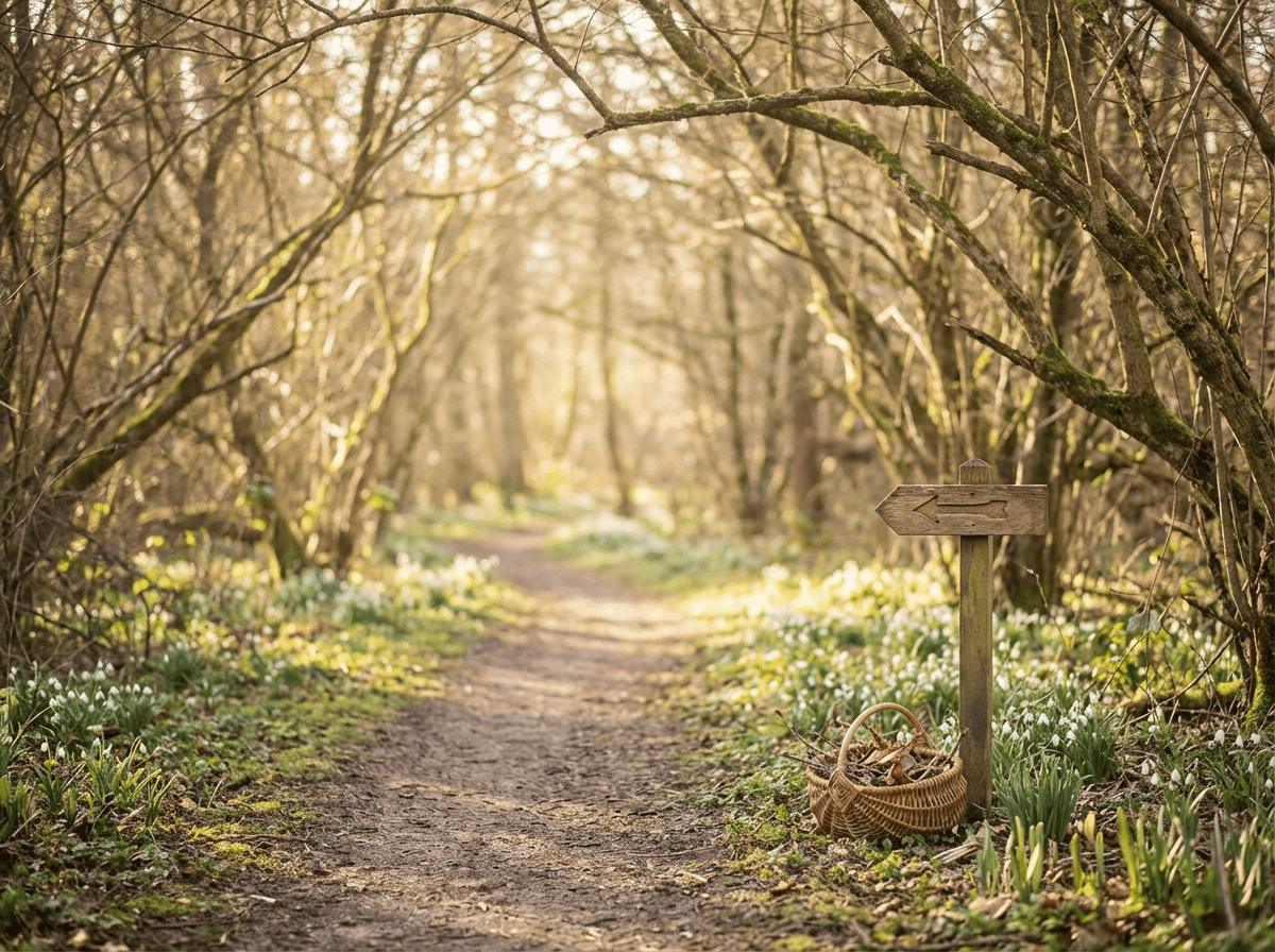 A peaceful woodland path in early spring, with soft sunlight filtering through bare branches, green shoots emerging from the ground, and clusters of snowdrops along the path. The scene feels calm, hopeful, and perfect for an Imbolc nature walk.