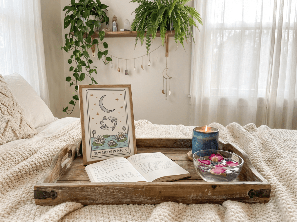 A serene, softly lit space with a small table or tray. On the table are a rectangular tarot card-style illustration of the New Moon in Pisces (slender new moon, Pisces glyph, water lilies, lotus, gold stars), an open journal, a blue or teal candle, and a bowl with floating flower petals. The scene features soft blankets, trailing houseplants, and subtle mystical decor, creating a dreamy, gentle, and inviting mood