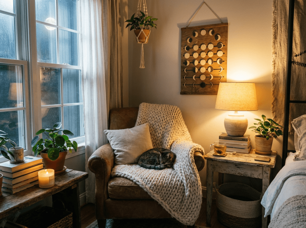 Cosy corner, reading nook marking the moon phases