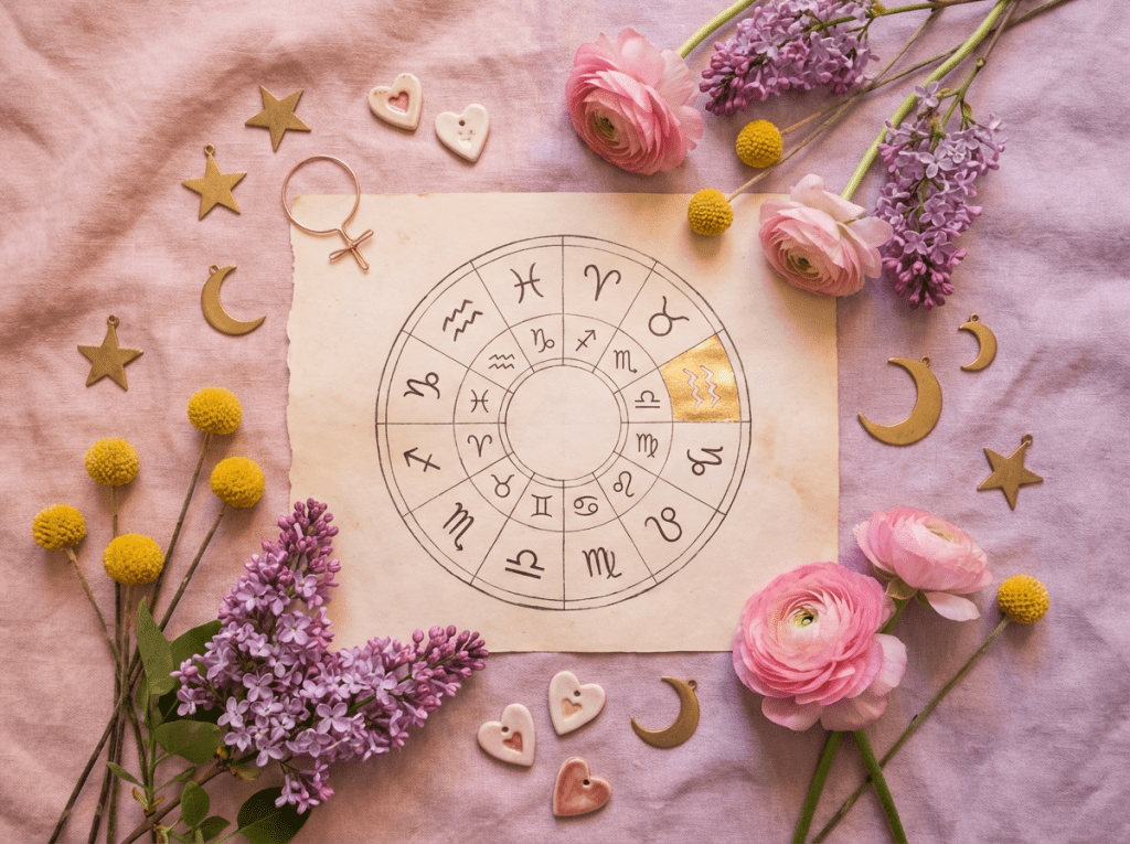 A flat-lay arrangement inspired by astrology for Valentine’s Day, featuring a zodiac wheel with Aquarius highlighted, the Venus symbol, celestial stars and moons, heart motifs, and spring flowers. The colors are soft pink, purple, and gold, creating a dreamy, cosmic atmosphere.