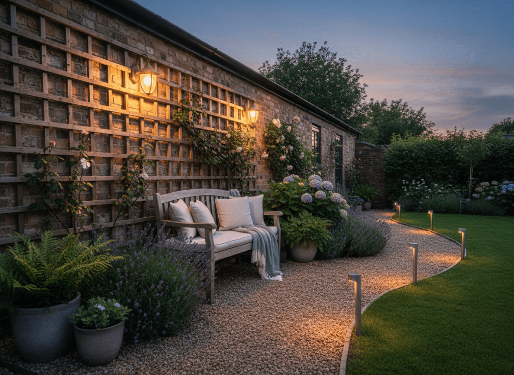 Family garden seating area at dusk with warm outdoor wall lights and solar path lighting for safe year-round evenings