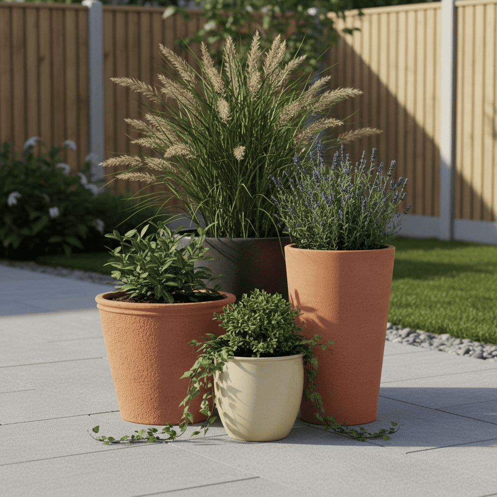 Grouped plant pots in different sizes with mixed-height planting on a patio