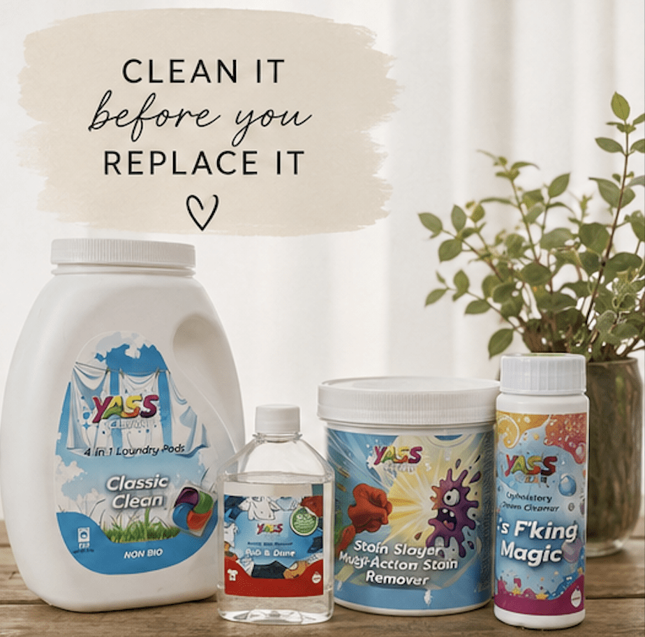 YAAS cleaning and stain removal products for refreshing school uniform instead of replacing stained clothing.