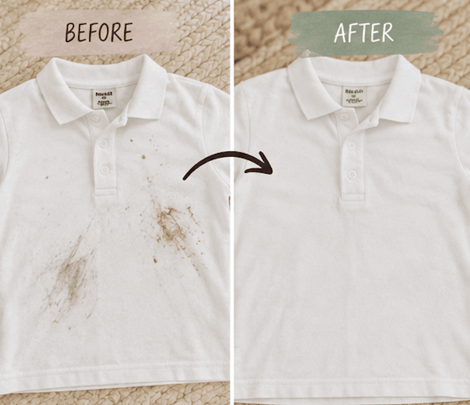 Before and after example of removing stubborn stains from a white school polo shirt.