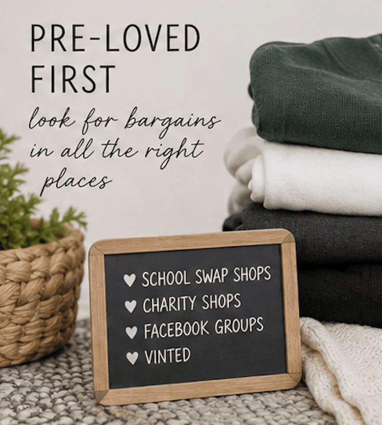 Pre-loved school uniform with money-saving ideas including school swap shops, charity shops, Facebook groups and Vinted.