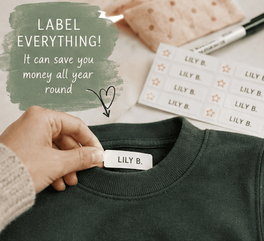 Adding name labels to school uniform to prevent lost clothing and save money during the school year.